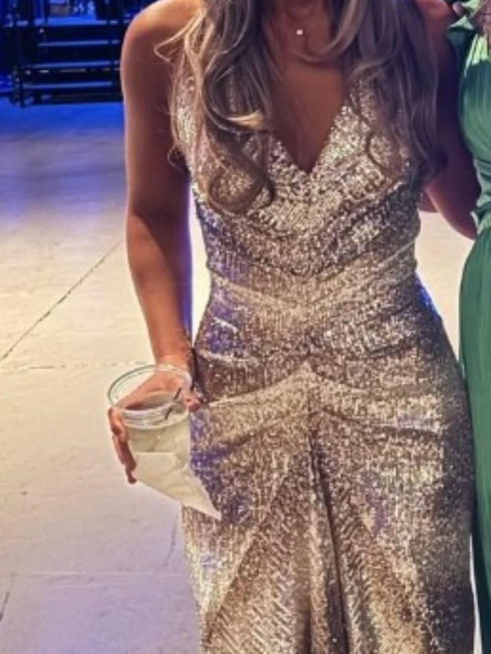 Badgley Mischka Gold Sequin Halter Backless Dress